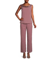 Le Bos Round Neck 3/4 Sleeve Georgette Tonal Trim Evening 3-Piece Pant Set