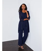 Le Bos Round Neck 3/4 Sleeve Georgette Tonal Trim Evening 3-Piece Pant Set