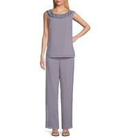 Le Bos Round Neck 3/4 Sleeve Georgette Tonal Trim Evening 3-Piece Pant Set