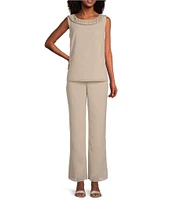 Le Bos Round Neck 3/4 Sleeve Georgette Tonal Trim Evening 3-Piece Pant Set