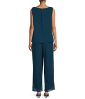 Le Bos Round Neck 3/4 Sleeve Georgette Tonal Trim Evening 3-Piece Pant Set