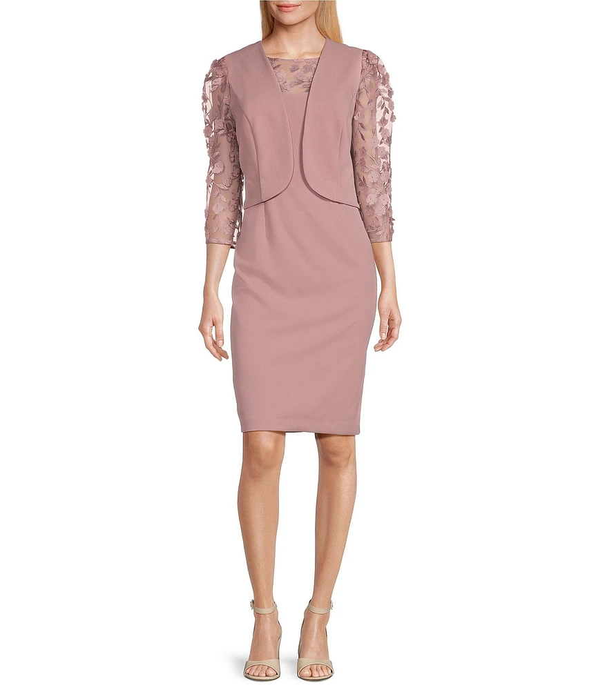 Le Bos Illusion Floral Detail Sleeve Stretch Crepe Jacket Dress