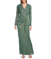 Le Bos Long Sleeve V-Neck Ruched Side Cascade Ruffle Detail Metallic Sheath Dress
