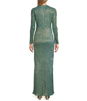 Le Bos Long Sleeve V-Neck Ruched Side Cascade Ruffle Detail Metallic Sheath Dress