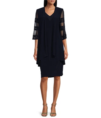 Le Bos Matte Jersey Sequence Embroidered V-Neck 3/4 Latter Sleeve 2-Piece Jacket Dress