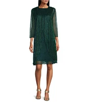 Le Bos Metallic Fortuny Round Neck 3/4 Sleeve Cascade Duster 2-Piece Jacket Dress