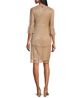 Le Bos Metallic Fortuny Round Neck 3/4 Sleeves Pearl Rhinestone Peplum 2-Piece Jacket Dress