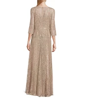 Le Bos Metallic Lace Peplum Round Neck 3/4 Sleeve Gown