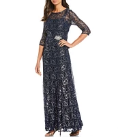 Le Bos Metallic Lace Peplum Round Neck 3/4 Sleeve Gown