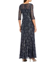 Le Bos Metallic Lace Peplum Round Neck 3/4 Sleeve Gown