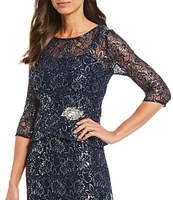 Le Bos Metallic Lace Peplum Round Neck 3/4 Sleeve Gown