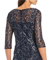 Le Bos Metallic Lace Peplum Round Neck 3/4 Sleeve Gown