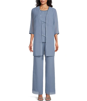 Le Bos Pebble Georgette Satin Trim Tiered Beaded Crew Neck 3/4 Sleeve 3-Piece Pant Set