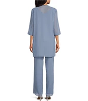 Le Bos Pebble Georgette Satin Trim Tiered Beaded Crew Neck 3/4 Sleeve 3-Piece Pant Set
