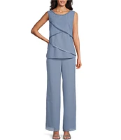 Le Bos Pebble Georgette Satin Trim Tiered Beaded Crew Neck 3/4 Sleeve 3-Piece Pant Set