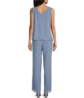 Le Bos Pebble Georgette Satin Trim Tiered Beaded Crew Neck 3/4 Sleeve 3-Piece Pant Set