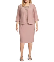 Le Bos Plus Size 3/4 Sleeve Crew Neck Embroidered 2-Piece Jacket Dress