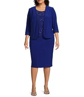 Le Bos Plus Size 3/4 Sleeve Crew Neck Embroidered 2-Piece Jacket Dress