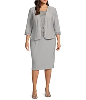 Le Bos Plus Size 3/4 Sleeve Crew Neck Embroidered 2-Piece Jacket Dress