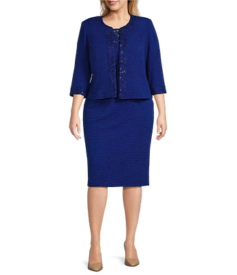 Le Bos Plus Size 3/4 Sleeve Round Neck Embroidered Mesh Trim Textured 2-Piece Jacket Dress