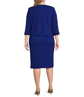 Le Bos Plus Size 3/4 Sleeve Round Neck Embroidered Mesh Trim Textured 2-Piece Jacket Dress