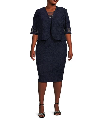 Le Bos Plus Size 3/4 Sleeve Mesh Embroidered Crew Neck 2-Piece Jacket Dress