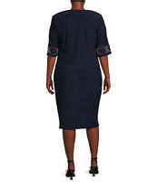 Le Bos Plus Size 3/4 Sleeve Mesh Embroidered Crew Neck 2-Piece Jacket Dress