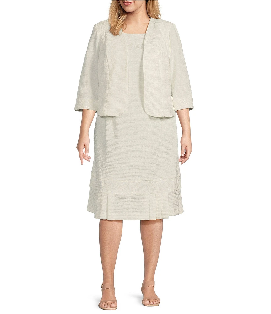 Le Bos Plus Size 3/4 Sleeve Round Neck Embroidered Flounce Hem 2-Piece Jacket Dress