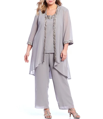 Le Bos Plus Size 3/4 Sleeve Sequin Lace Trim Crew Neck 3/4 Sleeve 3-Piece Pant Set