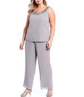 Le Bos Plus Size 3/4 Sleeve Sequin Lace Trim Crew Neck 3/4 Sleeve 3-Piece Pant Set