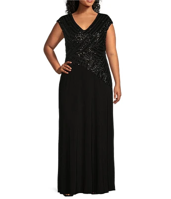 Le Bos Plus Size Cap Sleeve V-Neck Sequin Bodice Gown