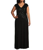 Le Bos Plus Size Cap Sleeve V-Neck Sequin Bodice Gown