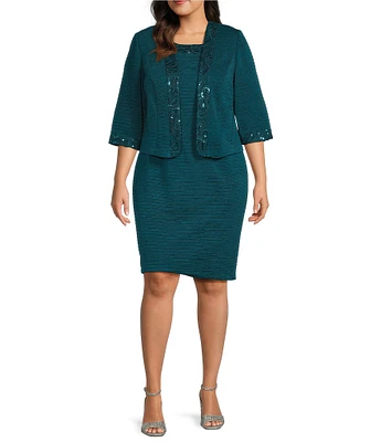 Le Bos Plus Size Crinkle Knit Embroidered Trim 3/4 Sleeves Round Neck 2-Piece Jacket Dress