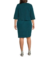 Le Bos Plus Size Crinkle Knit Embroidered Trim 3/4 Sleeves Round Neck 2-Piece Jacket Dress