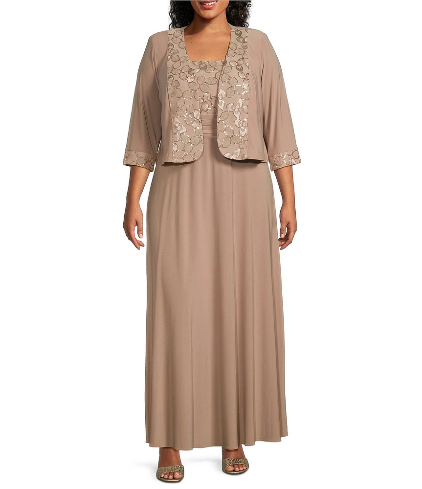 Le Bos Plus Size Embroidered 3/4 Sleeve Square Neck 2-Piece Jacket Dress