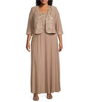Le Bos Plus Size Embroidered 3/4 Sleeve Square Neck 2-Piece Jacket Dress