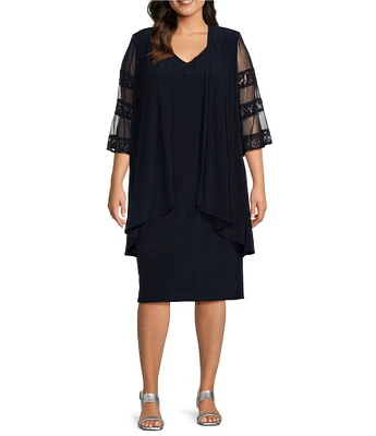 Le Bos Plus Size Embroidered Mesh V-Neck 3/4 Bell Sleeve 2-Piece Jacket Dress