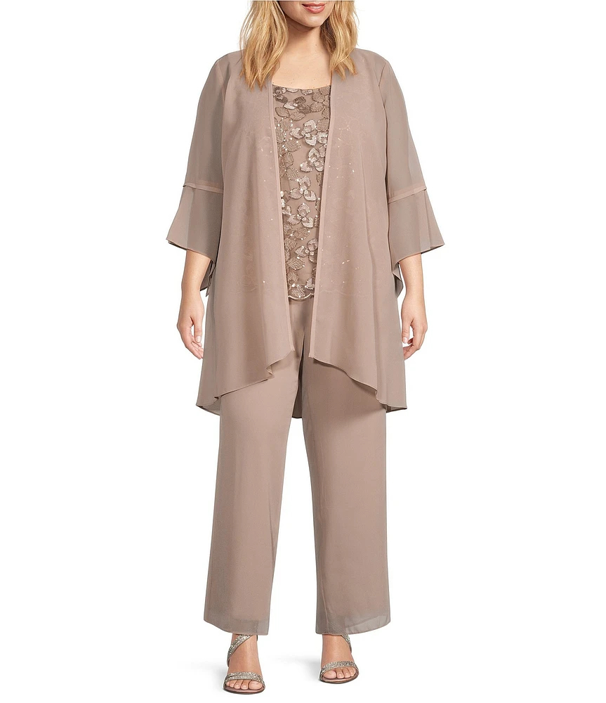 Le Bos Plus Size Georgette 3/4 Bell Sleeve Embroidered Sequin Scoop Neck 3-Piece Pant Set