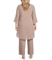 Le Bos Plus Size Georgette 3/4 Bell Sleeve Embroidered Sequin Scoop Neck 3-Piece Pant Set