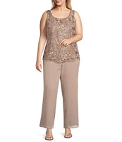 Le Bos Plus Size Georgette 3/4 Bell Sleeve Embroidered Sequin Scoop Neck 3-Piece Pant Set