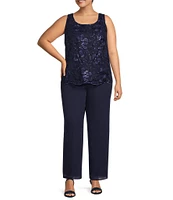 Le Bos Plus Size Georgette 3/4 Bell Sleeve Embroidered Sequin Scoop Neck 3-Piece Pant Set