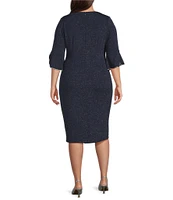Le Bos Plus Size Glitter Knit 3/4 Bell Sleeve Faux Wrap Dress