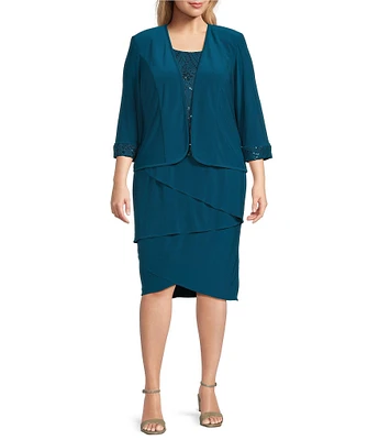 Le Bos Plus Size Matte Jersey Stretch Embroidered Bodice Round Neck 3/4 Sleeves 2-Piece Jacket Dress