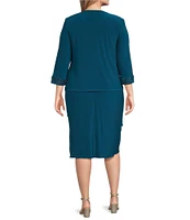 Le Bos Plus Size Matte Jersey Stretch Embroidered Bodice Round Neck 3/4 Sleeves 2-Piece Jacket Dress