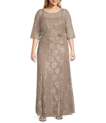 Le Bos Plus Size Round Neck 3/4 Sleeve Metallic Lace Peplum Long Gown