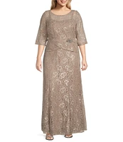 Le Bos Plus Size Round Neck 3/4 Sleeve Metallic Lace Peplum Long Gown