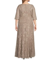 Le Bos Plus Size Round Neck 3/4 Sleeve Metallic Lace Peplum Long Gown