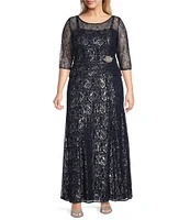 Le Bos Plus Size Round Neck 3/4 Sleeve Metallic Lace Peplum Long Gown