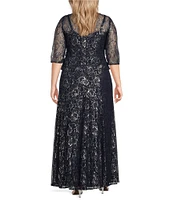 Le Bos Plus Size Round Neck 3/4 Sleeve Metallic Lace Peplum Long Gown