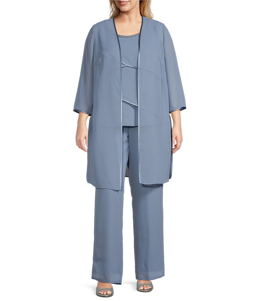 Le Bos Plus Size Pebble Georgette Satin Trim Beaded Scoop Neck 3/4 Sleeve 3-Piece Pant Set